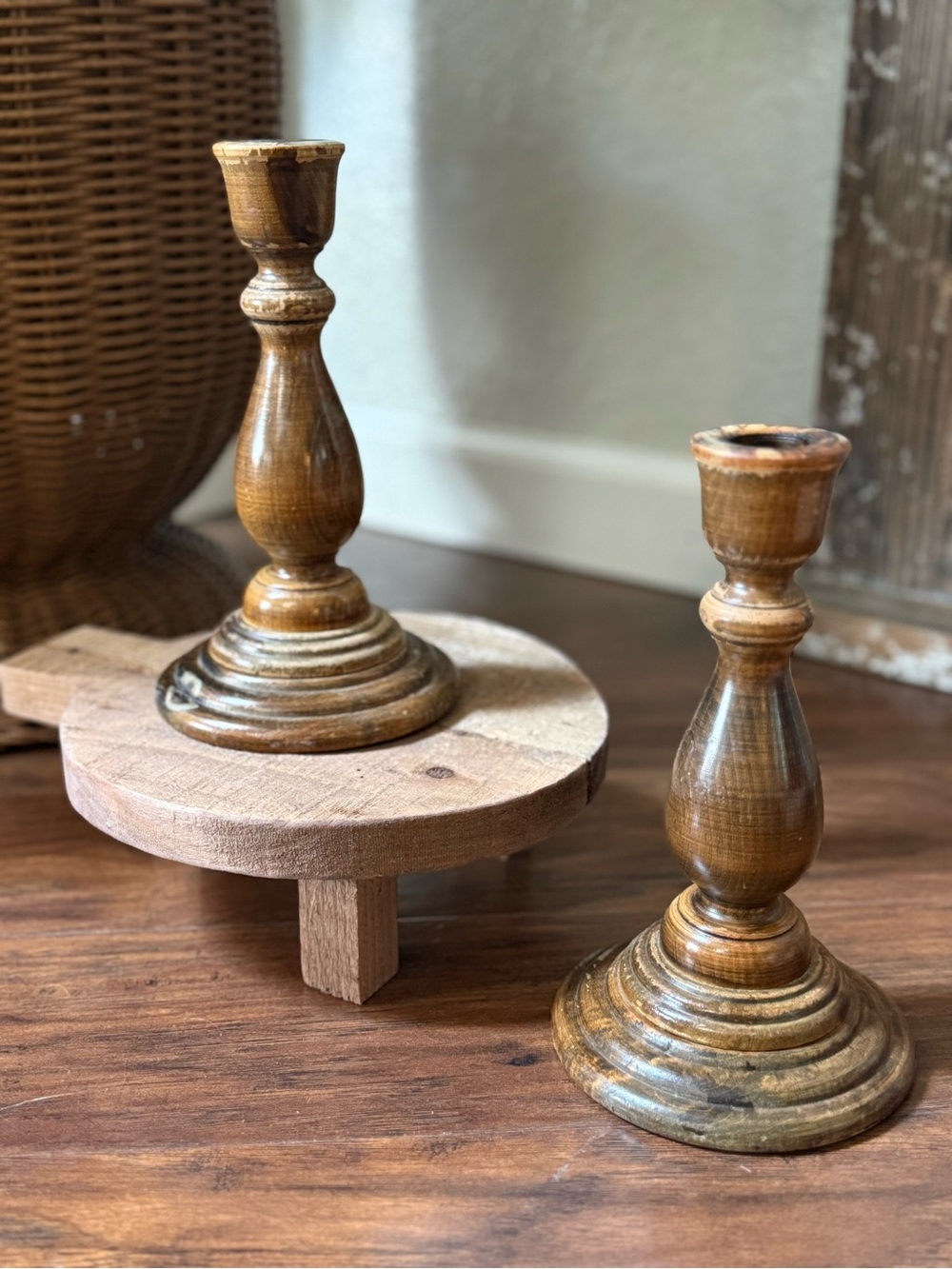 Vintage Wooden Candle Holders Set Of 2 MCM Taper Basketville Putney Vermont